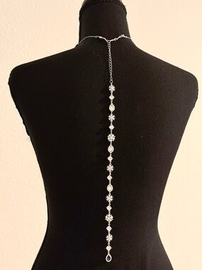 NWT Bridal Backdrop Necklace Crystal Lariat Back Chain for Backless Dress Silver